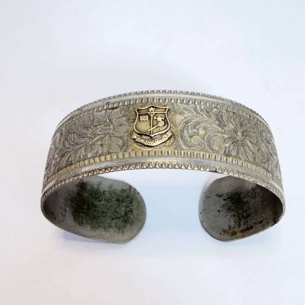 Vintage Floral Repousse Cuff Bracelet Unidentified Fraternal Crest Silver Tone